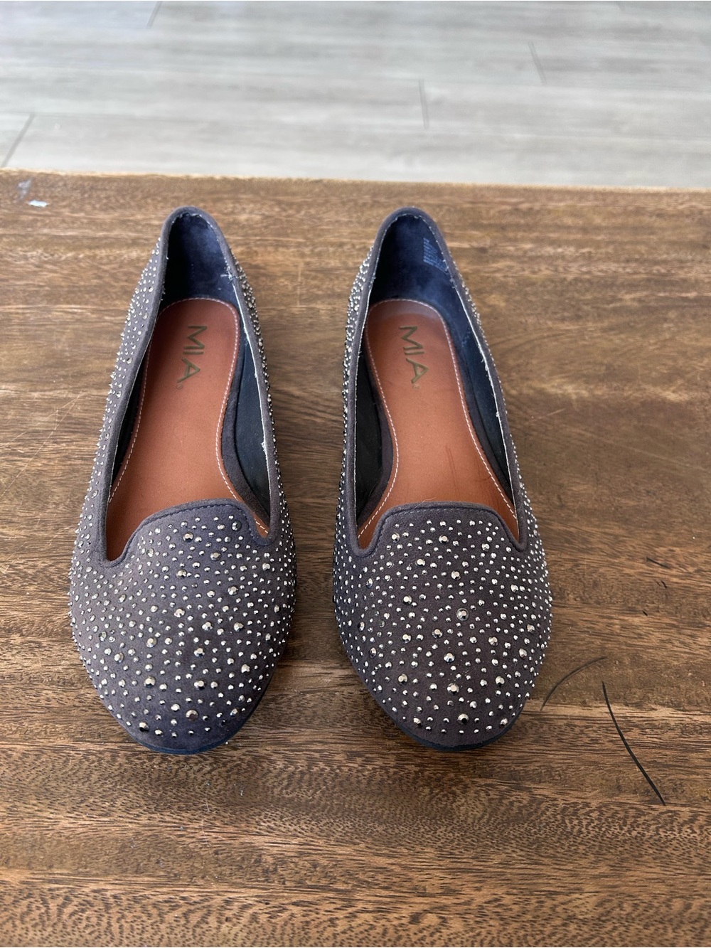 Mia Charcoal Gray Silver Studded Slip-On Ballet Flats Comfortable Casual Shoes